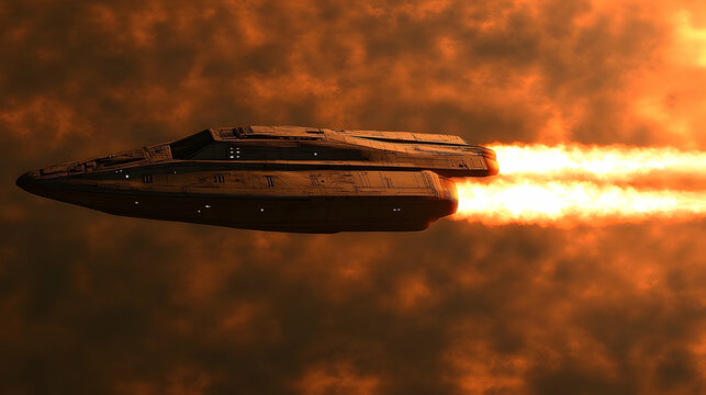 Futuristic Spaceship Soaring Through Fiery Skies with Intense En