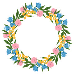 Obraz premium Flower and leaf frame. Floral round frame. Hand drawn simple botanical round frame, laurel, wreath with flowers. Elegant vector illustration for wedding invitation, card, logo.