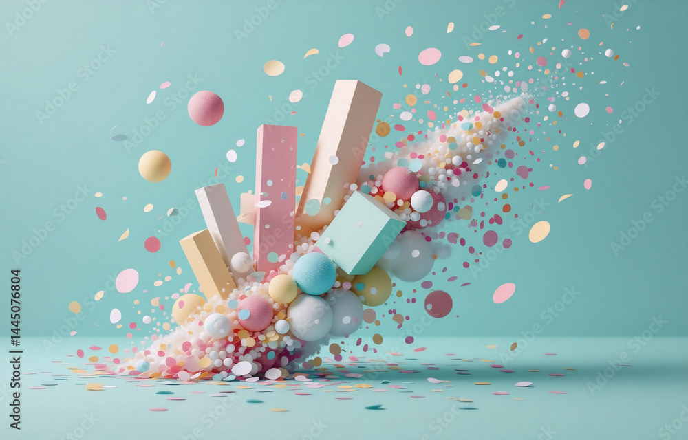 Poster pastel-colored geometric shapes and spheres burst from a confetti explosion against a soft teal back