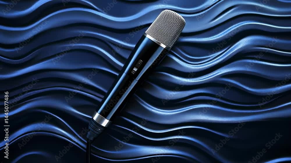 Poster Dynamic microphone capturing audio with elegant blue and purple sound waves flowing in background, ideal for music, podcast, or voice recording projects