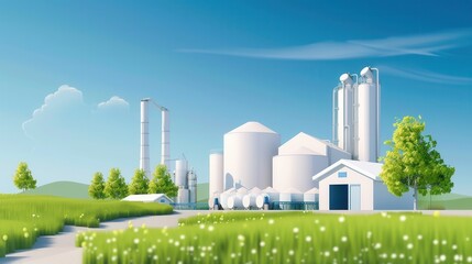 Obraz premium Modern Industrial Facility Surrounded by Green Fields and Blue Sky