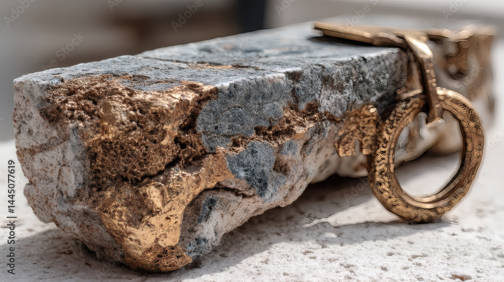 Poster rustic stone block with decorative golden handle on a light surface
