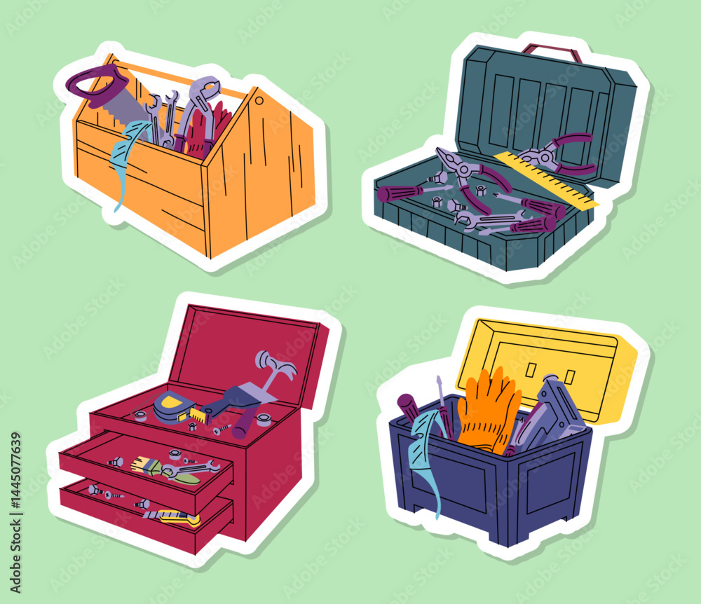 Poster cartoon color different construction toolkit boxes stickers set repair master implement tool box con