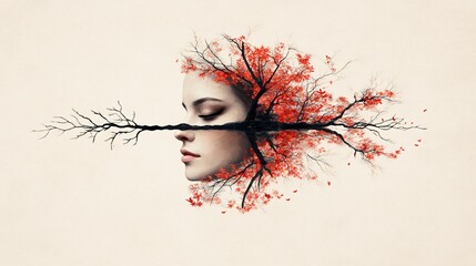 A reflective watercolor portrait with mirrored floral shapes and soft sepia tones illustrating self reflection and memory