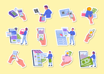 Cartoon Color Characters People and Finance Payments with Phone or Money Transfer Banking Service Stickers Set Concept Flat Design Style. Vector illustration