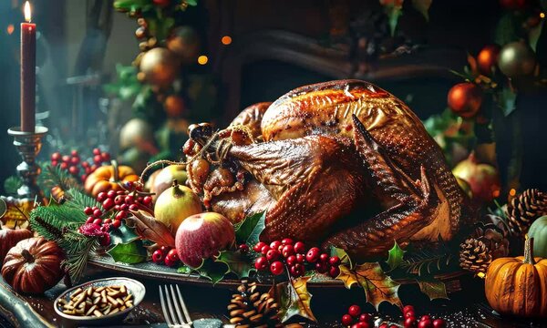A golden-brown turkey surrounded by apples, nuts, and decorative foliage sits on a rustic table, creating a warm atmosphere for autumn festivities.