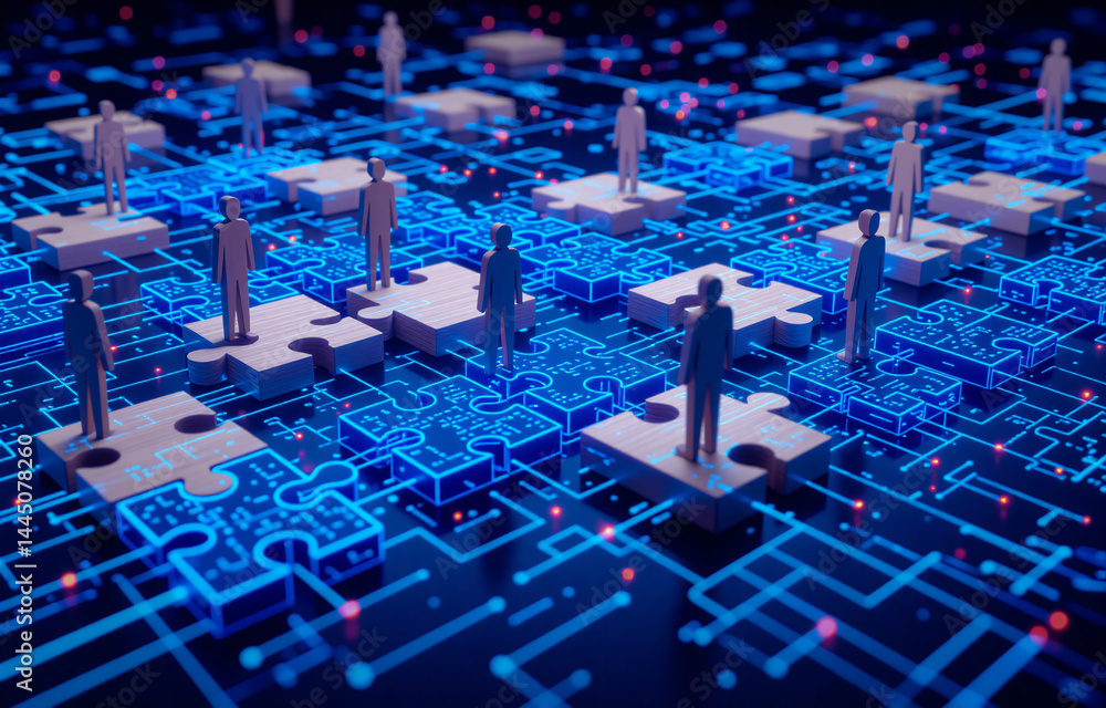 Poster abstract 3d rendering depicting a network of interconnected puzzle pieces, each supporting a human f