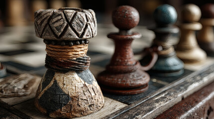 Rustic Wooden Chess Pieces on Vintage Chessboard Close-Up