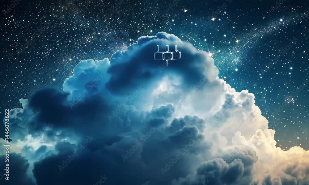 Poster a stunning display of fluffy clouds is illuminated by twinkling stars, creating a serene atmosphere 