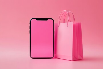Modern Smartphone with Pink Screen and Matching Shopping Bags on Pink Backdrop
