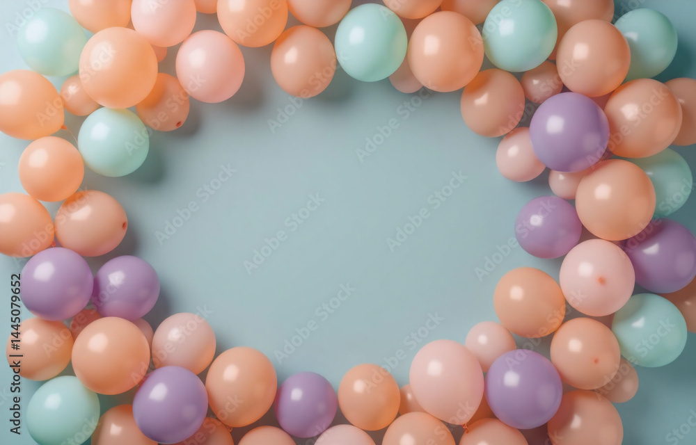 Poster pastel-colored balloons arranged in a circular frame against a light blue background, creating a fes