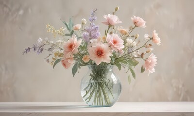 Delicate pastel watercolor blooms in a glass vase  Soft hues, artistic brushstrokes , botanical, summer