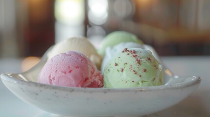 Assorted ice cream scoops in a dish