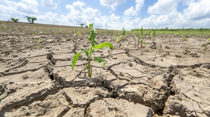 Green Plant Growing in Cracked Dry Soil Under Bright Blue Sky