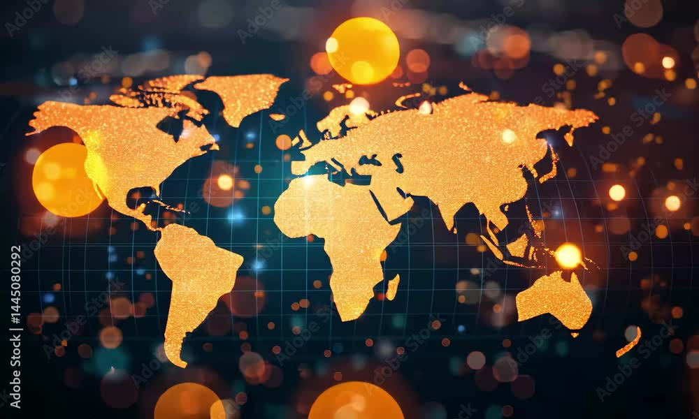 Poster this visual depicts a world map adorned with glowing lights, representing urban areas and global con