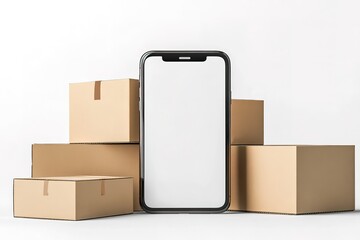 Blank Phone Mockup with Stacked Cardboard Boxes, Isolated on White. Clean Look & Feel
