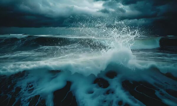 Powerful ocean waves surge toward the shoreline, illuminated by the fading light of twilight while dark storm clouds gather ominously overhead, foreshadowing turbulence.