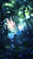 Luminous bird flies through bokeh forest.