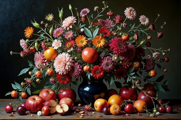 Vibrant autumn floral and fruit arrangement with apples and pomegranates