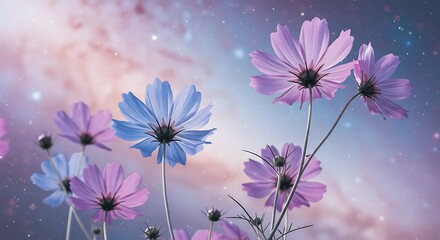 Blooming Cosmos Flowers Against a Dreamy Sky Background