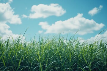Obraz premium Lush Green Grass Field Against a Serene Blue Sky with Fluffy White Clouds