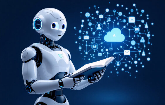 A white robot attentively reads a book,  illuminated by a cloud-based network of interconnected data nodes, symbolizing artificial intelligence and knowledge access.