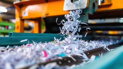 Paper Shredding Machine in Action with Shredded Documents Falling Down