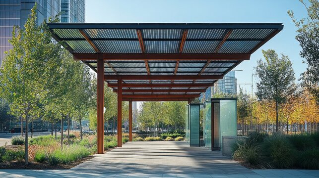 The solar canopy offers shade and sustainable power in a vibrant city plaza, promoting outdoor activities and providing a comfortable space for relaxation and socializing