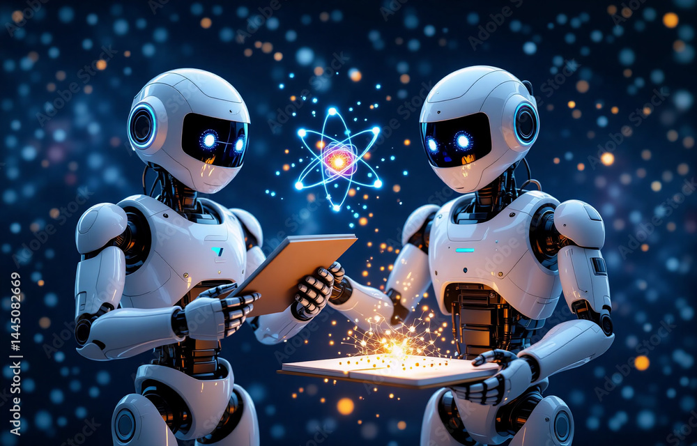 Poster two white robots collaborate, examining a glowing digital tablet displaying an atom symbol. sparks e
