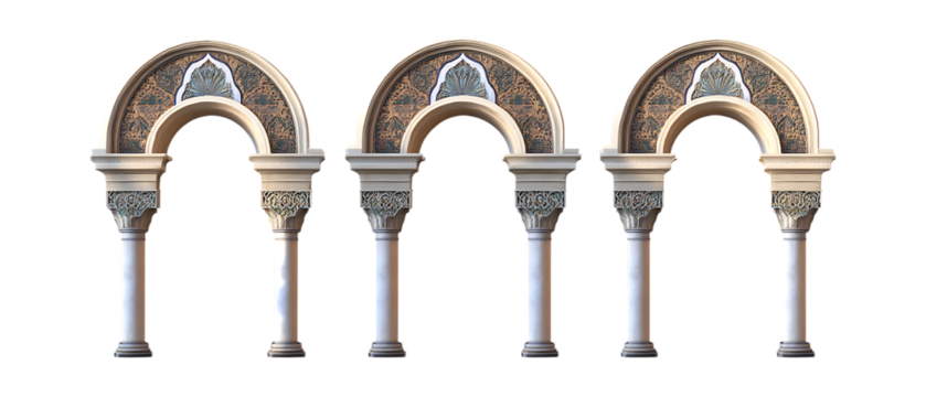 Pack of Ornate Moroccan Archways in Five Different Poses Against Transparent Background for Architectural Branding, Cultural Promotion, or Interior Design Projects