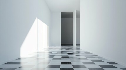 Minimalist Hallway Light  Shadow on Checkerboard Floor