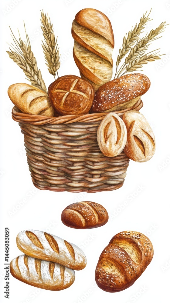 Poster rustic bread collection in basket and on surface with wheat stalks in an artistic drawing