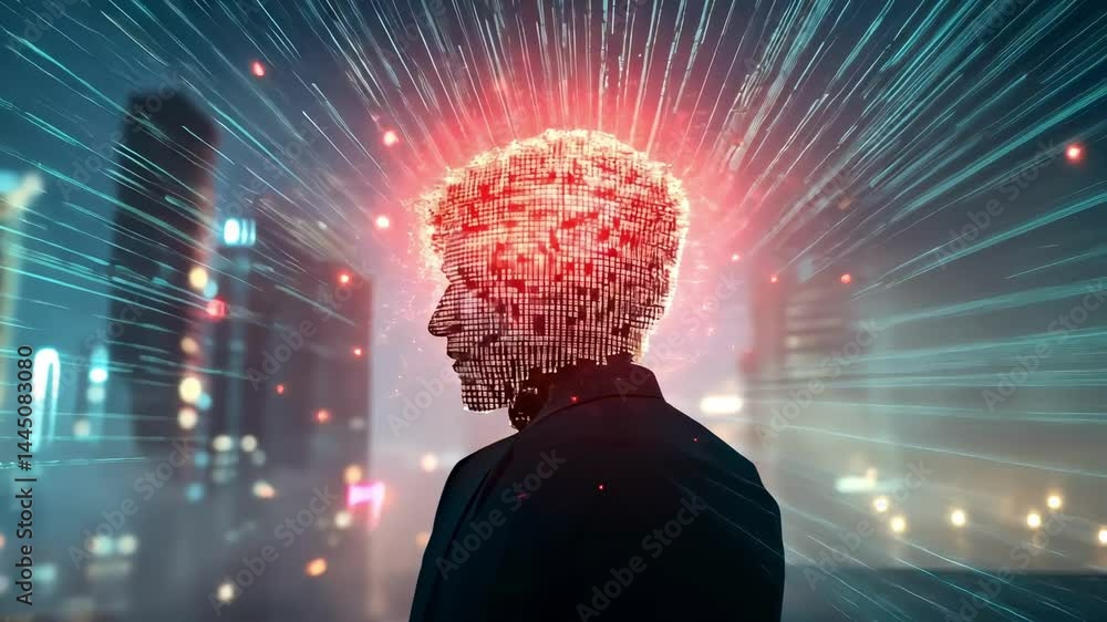 Aufkleber Neural network scanning transforming businessman head, visualizing ai technology and data analysis against blurred city nightscape with futuristic digital insight