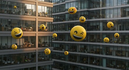 Floating Emoji Balloons Over Office Buildings Celebrating Workplace Joy