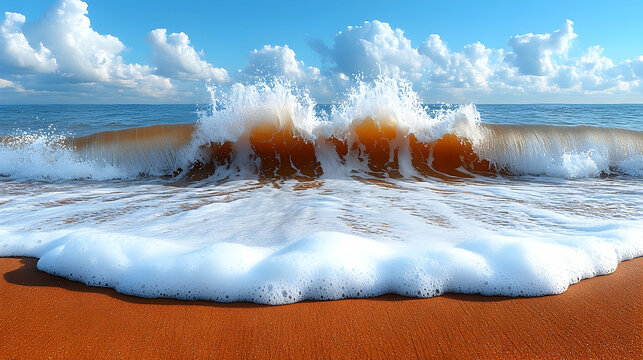 Crashing Wave on Red Sand Beach Under a Bright Blue Sky with Puf