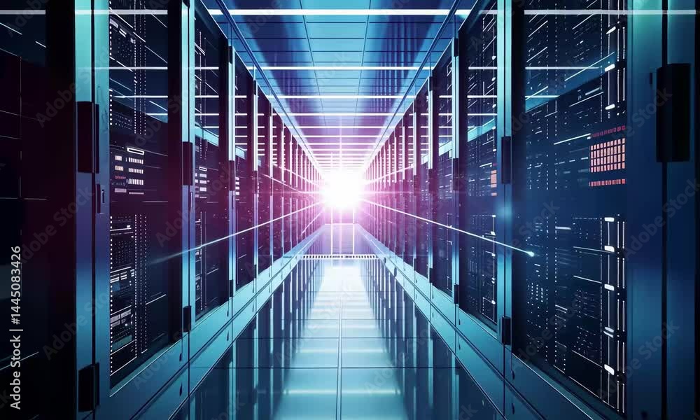 Poster a sleek corridor lined with glowing server racks leads into a high-tech data center, illuminated wit