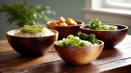 Four wooden bowls filled with fresh, healthy ingredients like vegetables, grains, and avocado on a rustic wooden table.
