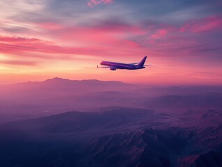 Fototapeta premium Airplane soars above majestic purple mountains at scenic sunset in a breathtaking aerial scene adventure