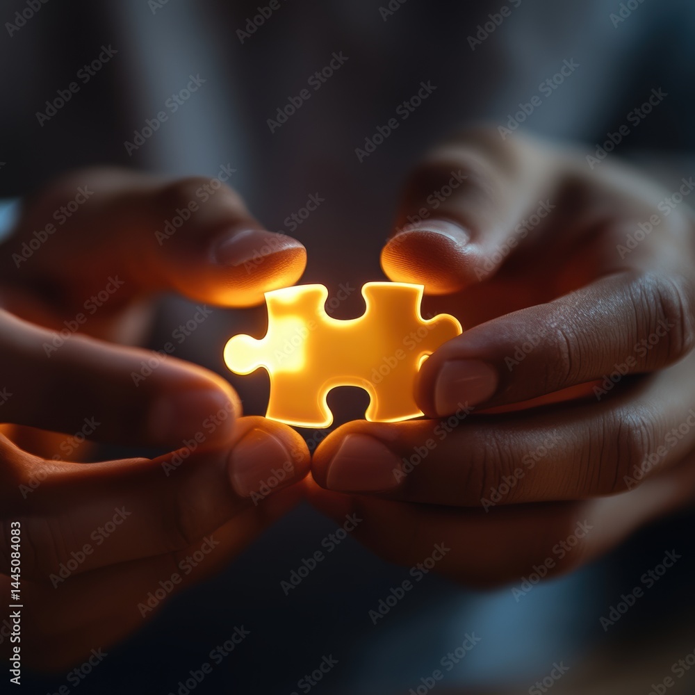 Poster hands holding a golden puzzle piece illuminated against a dark background capturing unity and innova