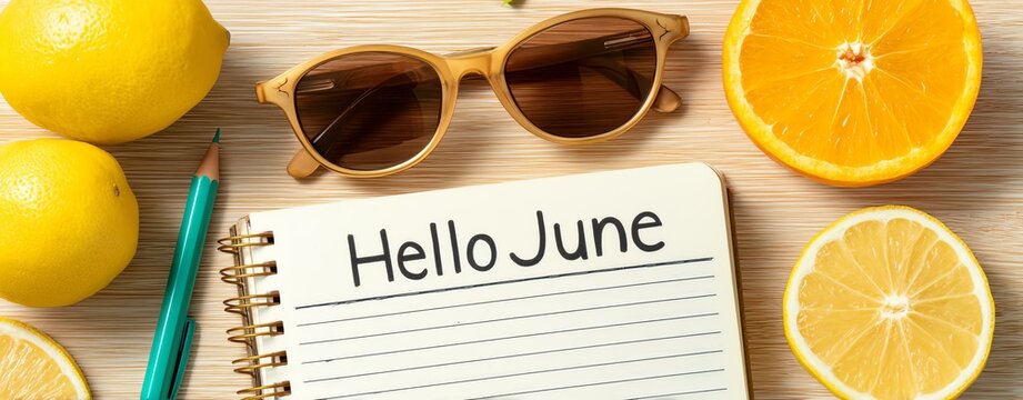 Hello June text Bright summer setup with lemons, sunglasses, and a notebook welcoming June.