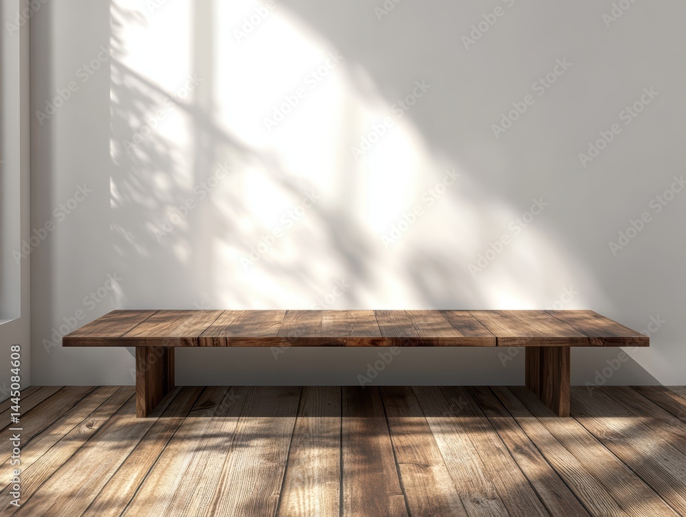 Poster wooden rustic table in minimalist interior with sunlight and tree shadows display mockup style