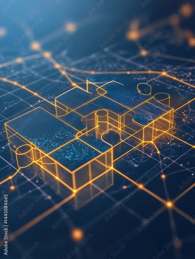 Poster puzzle piece design amid digital network connection on a dark blue tech background with glowing effe