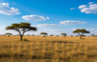 Obraz premium Serene African savanna landscape under a vibrant blue sky. Scattered acacia trees dot the golden grasslands, creating a picturesque scene.