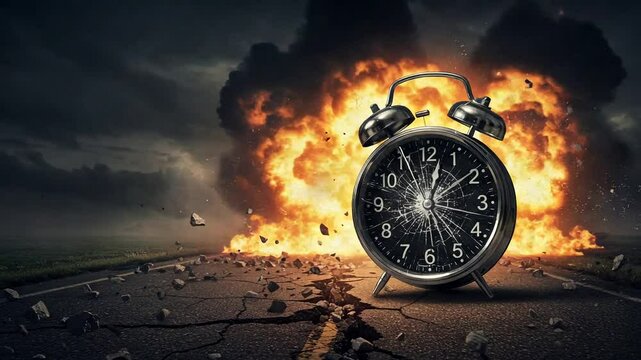 Alarm clock with shattered glass face stands before a fiery explosion on a cracked road