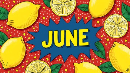 Hello June text Vibrant illustration featuring lemons and the word "JUNE" on a colorful background.