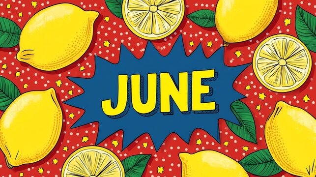 Hello June text Vibrant illustration featuring lemons and the word "JUNE" on a colorful background.