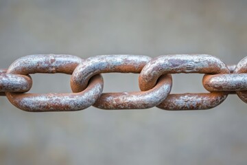 Fototapeta premium Close up on rusty metal chain featuring industrial strength links and neutral blurred background