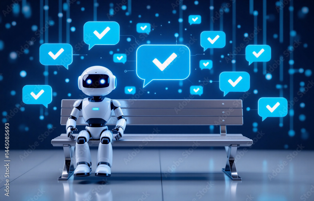 Poster a white robot sits on a park bench, surrounded by digital checkmarks. it symbolizes efficient, autom