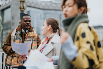 Group of people discussing ideas outdoors, wearing stylish outfits and emphasizing collaboration and teamwork in an urban environment.