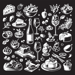 chalk food illustrations, wedding dinner icons, wine or champagne glass, cheese, and charcuterie drawings 
for wedding invitations, cafe menus, and parties.